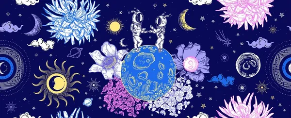 Astronauten, Planeten und Blumen. Nahtloses Muster. Weltraum-Illustration Surrealismus. — Stockvektor