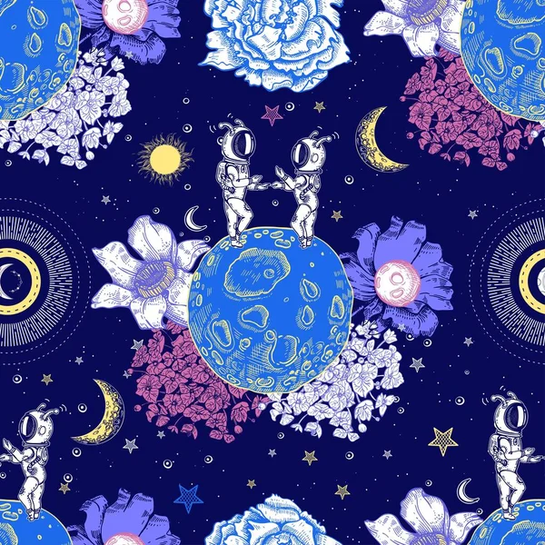 Dos astronautas, planetas y flores. Patrón sin costuras. Ilustración espacial. — Vector de stock
