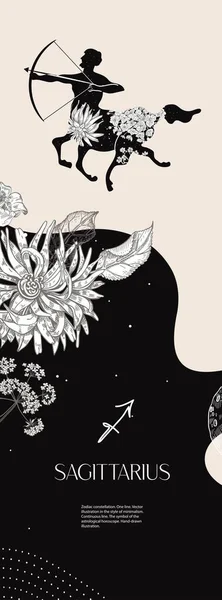 Sternzeichen Schütze. Schwarze Silhouette mit weißen Blüten. Vertikaler Hintergrund mit Sternbildern. Stockillustration