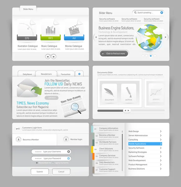 Elementos de menú de plantilla de diseño web con conjunto de iconos: formularios y control deslizante de imagen — Vector de stock