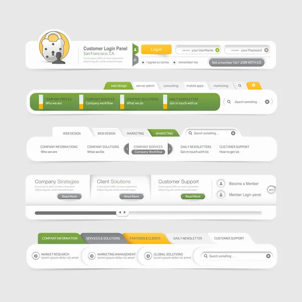 Plantilla de diseño del sitio web elementos de navegación con iconos establecidos — Vector de stock