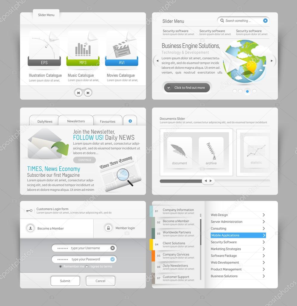 Website design template menu elements with icons set: Forms and Image Slider