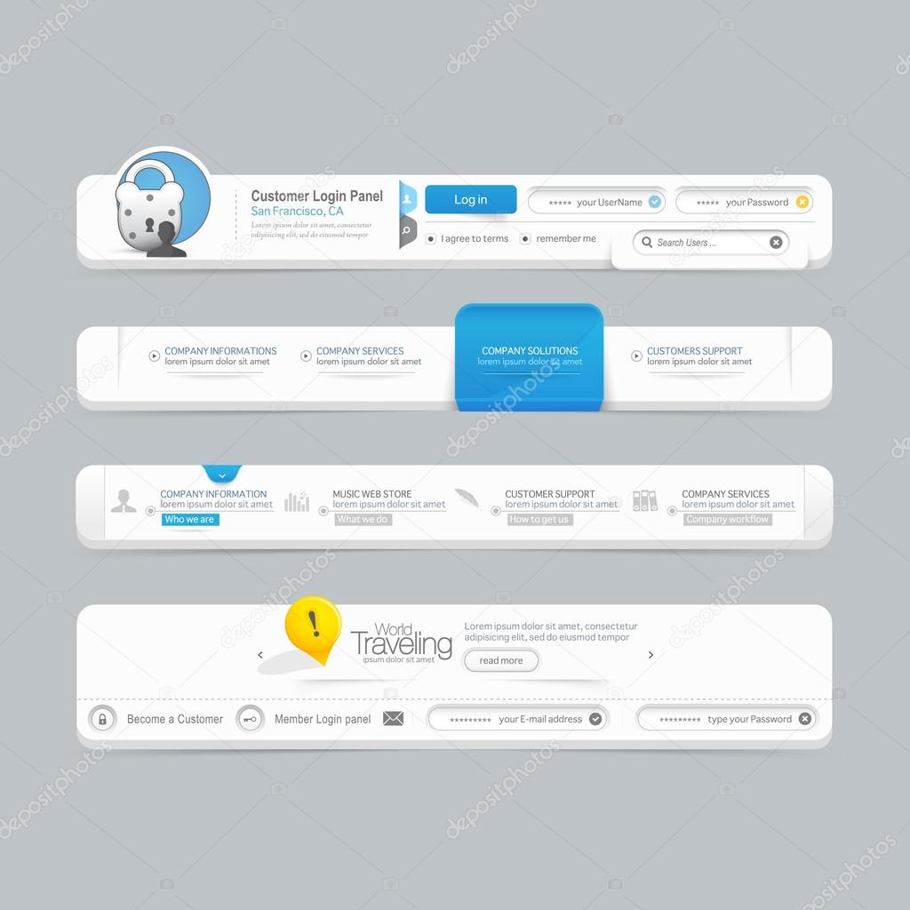 Website template design menu navigation elements with icons set