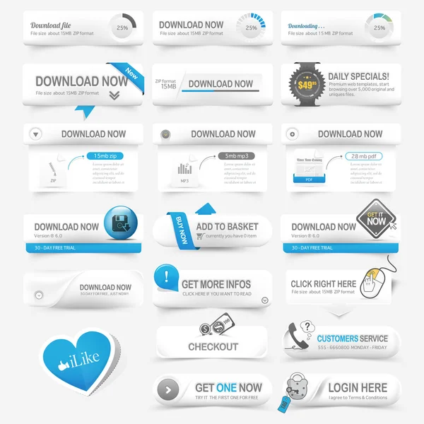 Elementos do modelo do Web design: Botões de navegação com elementos de ornamento e ícones definidos — Vetor de Stock