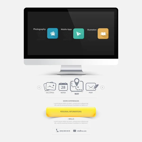 Элементы дизайна сайта: шаблон портфолио Vcart с широким экраном компьютера и набором иконок — стоковый вектор