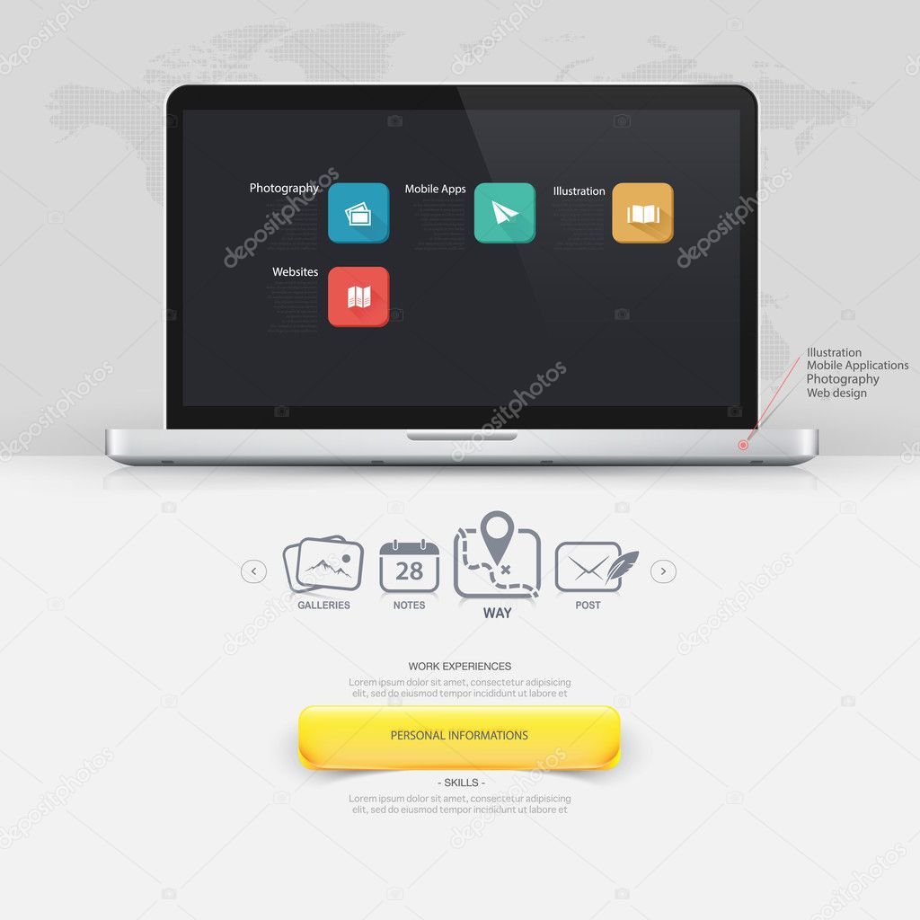 Website design elements: Vcart Portfolio template with computer laptop and icons set