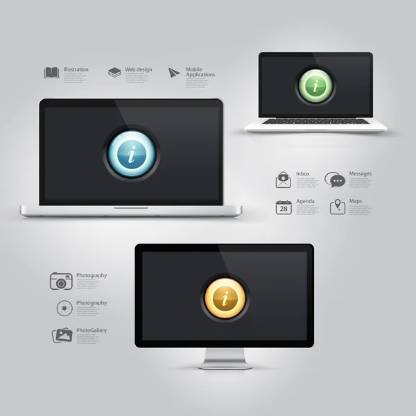 infographics tasarım elemanları: Bilişim donanım: bilgisayar, dizüstü bilgisayar, monitör ve simgeler kümesi.