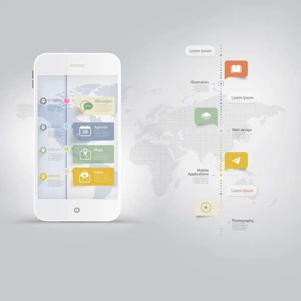 Elementi infografici: Cellulare con timeline e set di icone — Vettoriale Stock