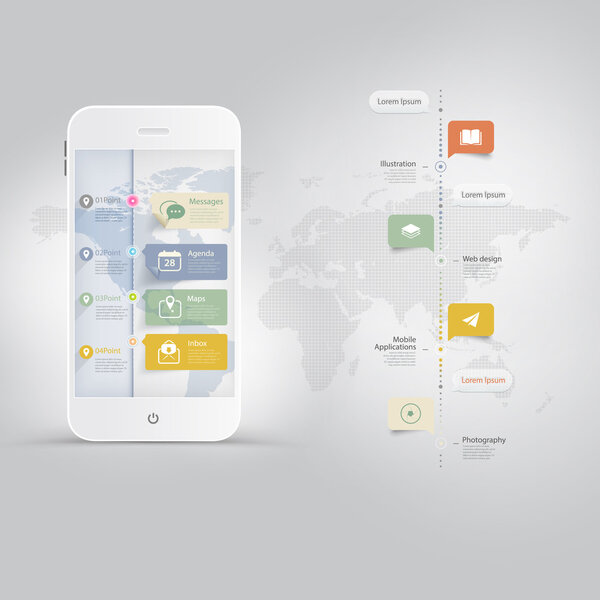 Infographics Elements: Mobile phone with timeline and icons set