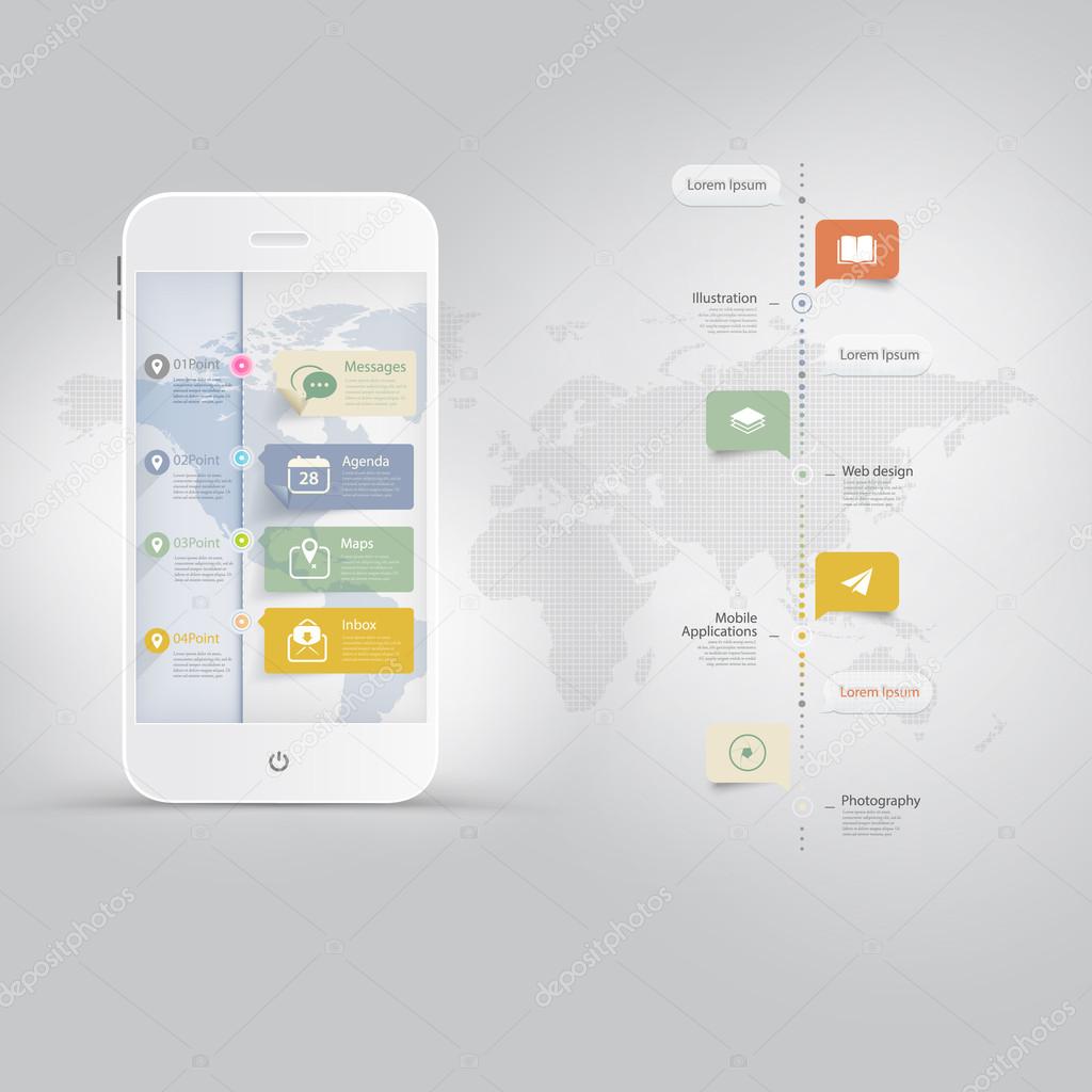Infographics Elements: Mobile phone with timeline and icons set