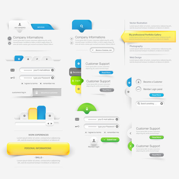 Collection of website template navigation elements with icons