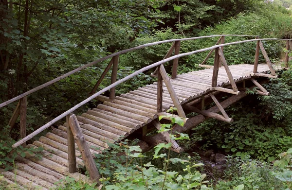 Pont en bois avec balustrades traversant la rivière de montagne — Photo