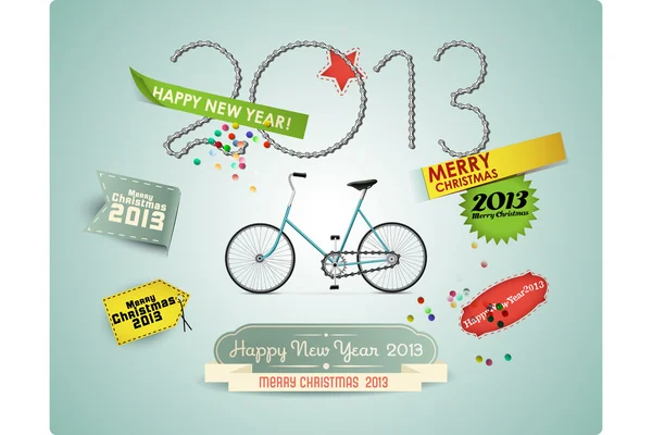 Christmas background with retro labels & bicycle. Vector illustration. Eps 10 — Stock Vector