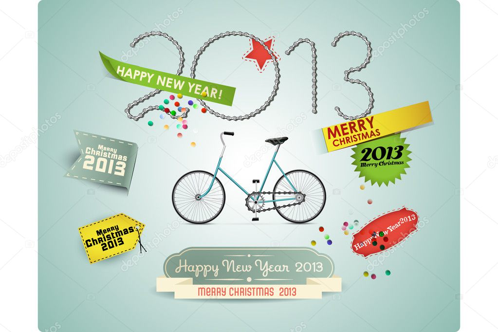 Christmas background with retro labels & bicycle. Vector illustration. Eps 10