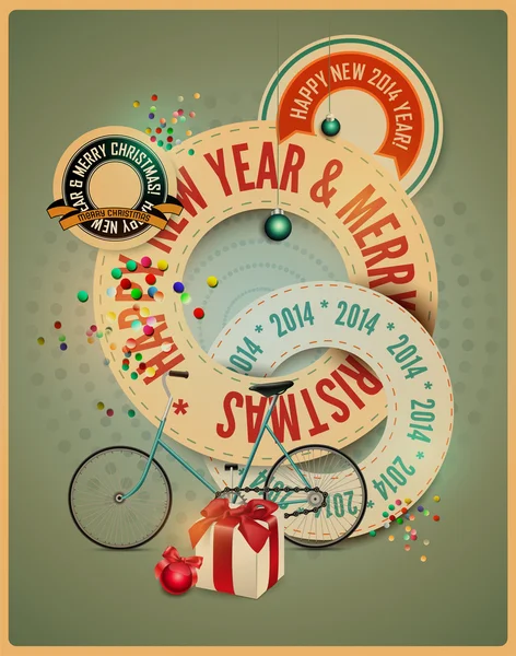Retro jul bakgrund med cykel, presentask, julgranskulor & konfetti. vektor illustration. EPS 10. — Stock vektor