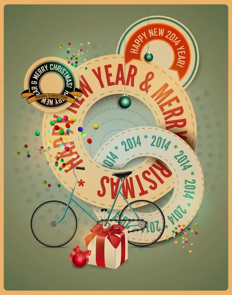 Retro Kerstmis achtergrond met fiets, doos van de gift, kerstballen & confetti. vectorillustratie. EPS 10. — Stockvector