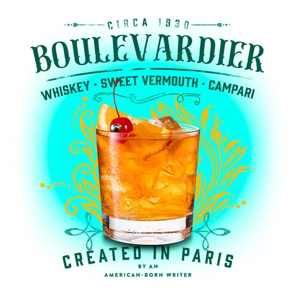 Orzeźwiający Bourbon Classic Cocktail Białym Izolowanym Tle Boulevardier — Zdjęcie stockowe