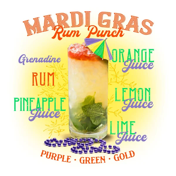 Klasszikus Cocktail Artwork Collection Elszigetelt Fehér Mardi Gras Rum Punch Stock Kép