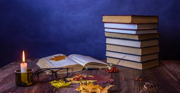 Book Candle Table Autumn Still Life — Stock Photo, Image