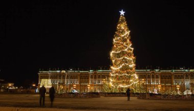 Geceleri şehir meydanında ışıkları olan Noel ağacı.