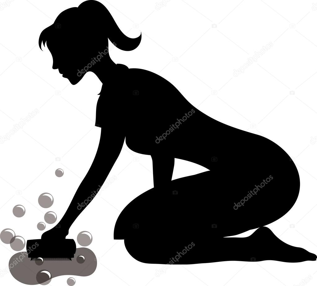 Clip Art Illustration of a Silhouette of a Young Woman Scrubbing the