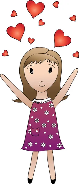 Illustration of a Cute Little Brunette Girl Throwing Hearts in the Air — Stock Photo, Image
