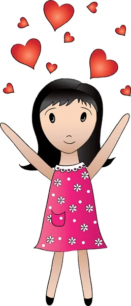 Illustration of a Dark Haired Girl Throwing Hearts in the Air — Stock Photo, Image