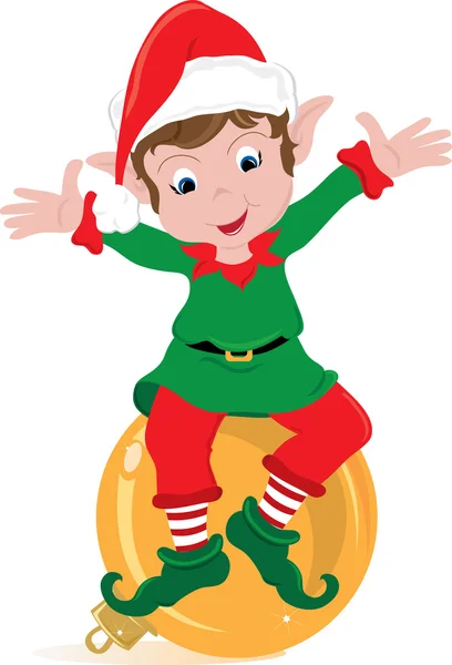 Clipart Ilustración de un elfo de Navidad sentado en un adorno Imagen De Stock