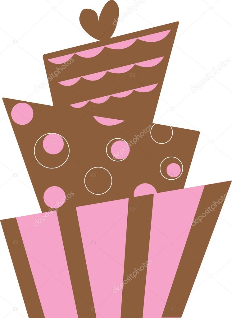 Clipart image of a pink and brown crooked layer cake with swirls and stripes.
