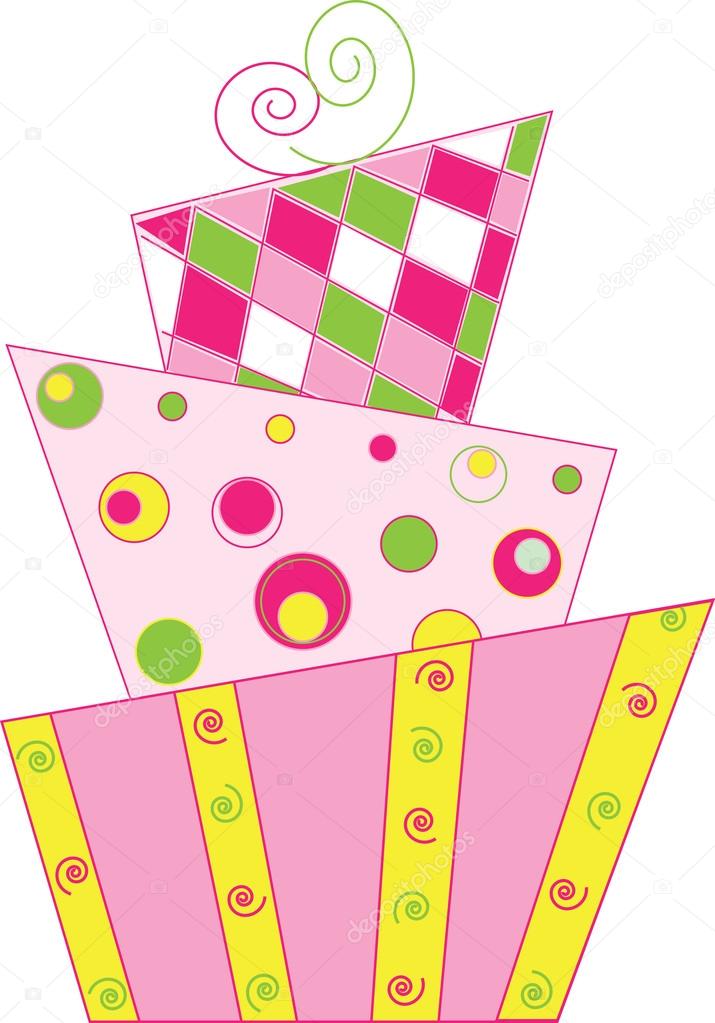 Clipart image of a pink, yellow and green crooked layer cake with swirls and stripes.