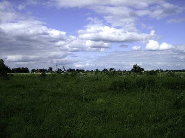 Çimlerle kaplı yeşil bir tarlanın manzarası. Tarlanın arkasında, bir Ortodoks kilisesinin yüksek çan kulesine sahip bir köy görebilirsiniz.