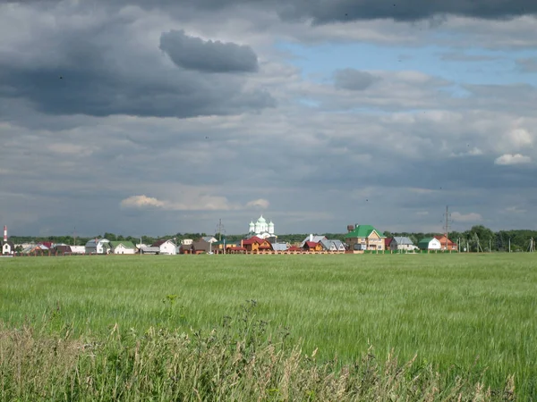 View Green Field Overgrown Grass Field You Can See Village — Foto Stock