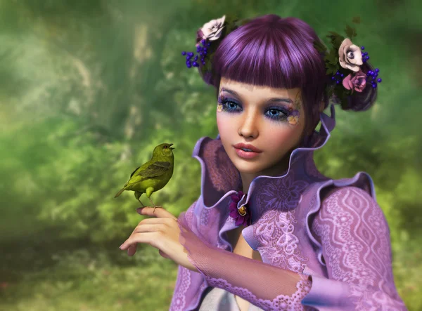Menina e pássaro verde, 3d CG — Fotografia de Stock
