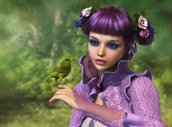 Girl and Green Bird, 3d CG