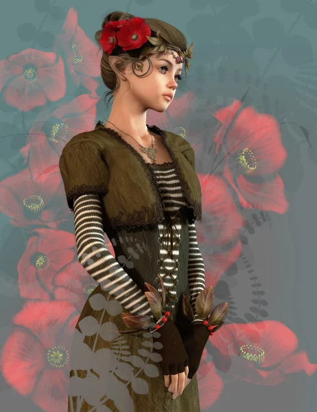 Red Poppy Girl, 3d CG — Stock Photo, Image