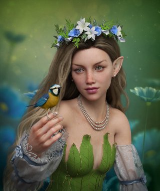 3d computer graphics of a fairy with Blue tit