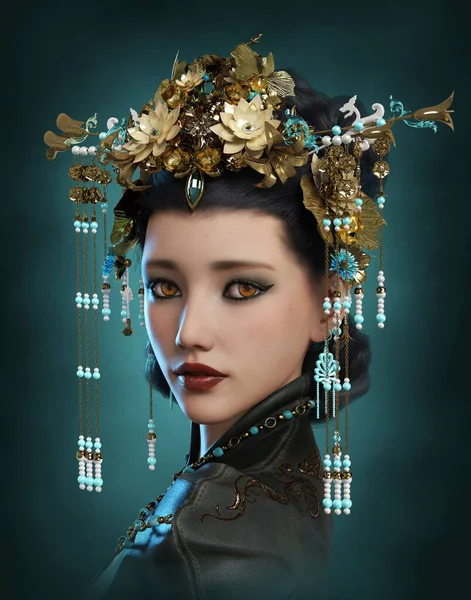 Computer Graphics Portrait Girl Oriental Headdress — Stock Photo, Image