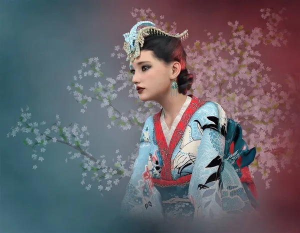 Datorgrafik Flicka Med Kimono Och Körsbär Blomma Bakgrunden — Stockfoto