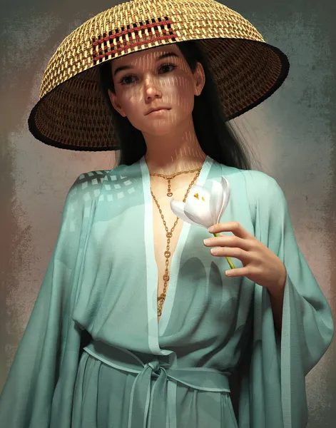 Computer Graphics Girl Asian Dress Hat White Crocus Her Hand — Stock Photo, Image