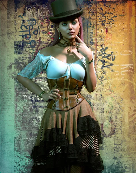 Компьютерная Графика Дамы Платьем Steampunk Топпером Стоковое Изображение