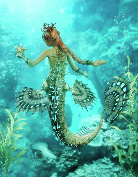 一个带海星的美人鱼的3D计算机图形 — 图库照片