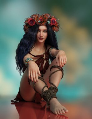 Kafasında çiçek çelengi olan bir kızın 3 boyutlu bilgisayar grafikleri. 