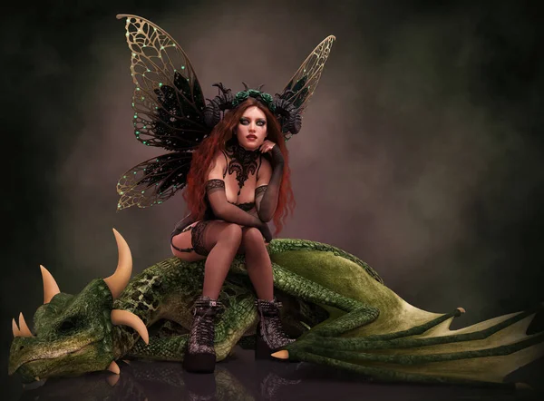 Computer Graphics Fairy Butterfly Wings Sitting Green Dragon — Stock Photo, Image