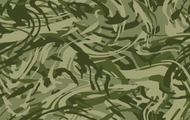 Soyut orman kamuflajı kusursuz desen. Kamuflaj arka planı, kıvrımlı dalgalı şeritler. Tasarım, duvar kağıdı ve tekstil için askeri baskı. Vektör illüstrasyonu 