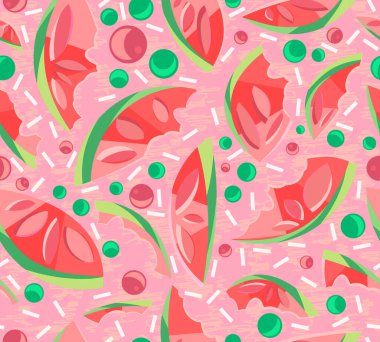 Pembe arka planda karpuz dilimleri. Kumaş izi için kusursuz desen. Meyveli renkli duvar kâğıdı. Vektör yaz tasarımı arkaplanı. 