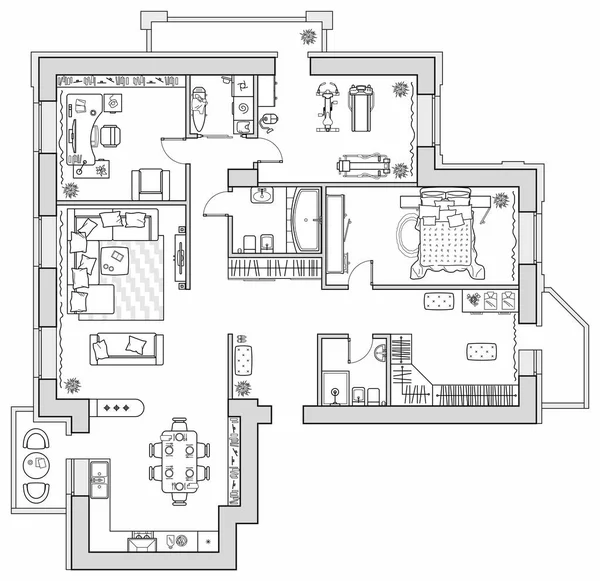 Plan Appartement Avec Mobilier Vue Sur Dessus Disposition Maison Ensemble — Image vectorielle