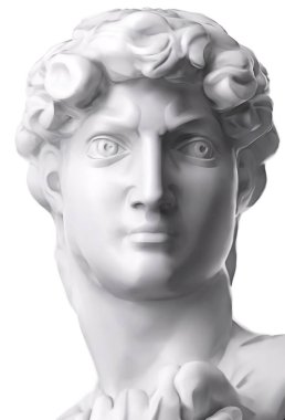 Michelangelo 'nun David Suratı. Klasik alçı göğüs heykeli. Alçıtaşı heykel başı beyaz arka planda izole edilmiş. 3B resimleme