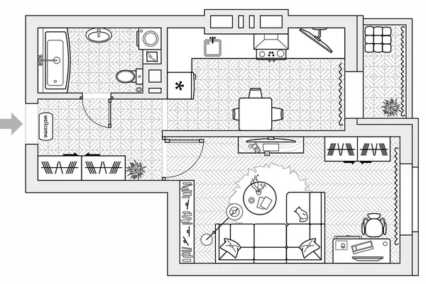 配置家具付きアパートの計画 家の建築図面 上からインテリアデザインフロアプラン ベクトルレイアウト — ストックベクタ