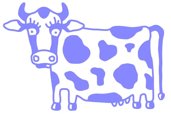 Caricatura Vaca Linda Vista Lateral Estilo Dibujos Animados Esquema Azul — Vector de stock
