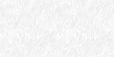 Zebra çizgili duvar kağıdı. Kabile desenli kabartma, kusursuz hayvan derisi deseni. Gölgeli tek renkli beyaz doku, kumaş, ambalaj kağıdı, kağıt için vahşi yaşam baskısı. Vektör illüstrasyonu